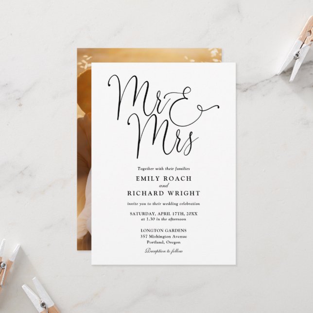 Black And White Script Mr And Mrs Photo Wedding Invitation (Front/Back In Situ)