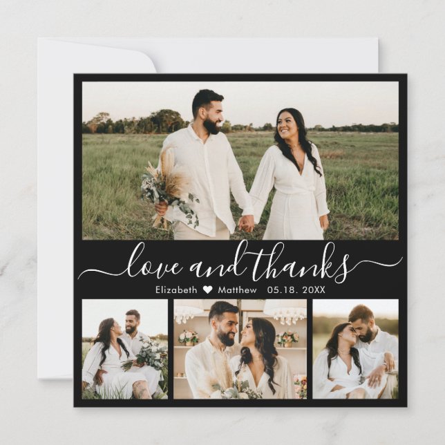 Black and White Script Photo Collage Wedding Thank You Card (Front)