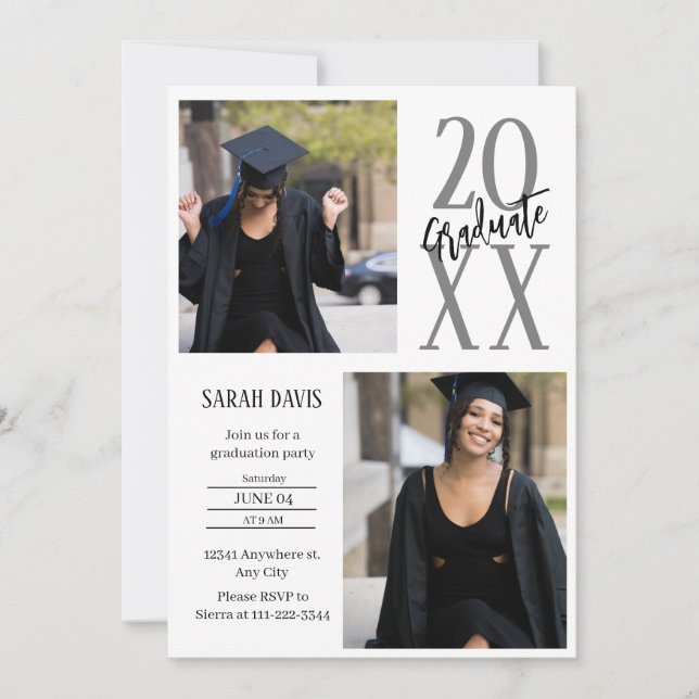 Black and white script photo graduation Invitation (Front)