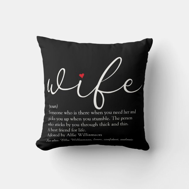 Black and White Script Red Heart Wife Definition  Cushion (Front)
