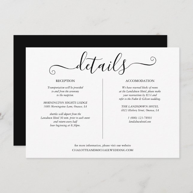 Black And White Script Wedding Details Info  Enclosure Card (Front/Back)