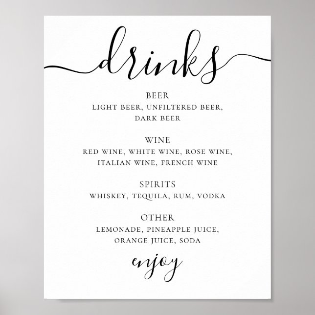 Black and white script wedding drinks bar menu poster (Front)