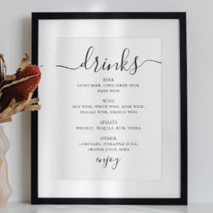 Black and white script wedding drinks bar menu poster