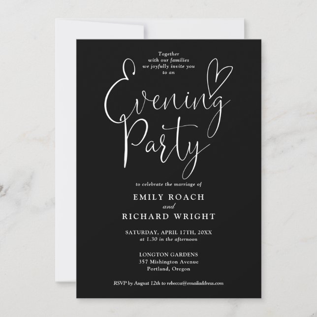Black And White Script  Wedding Evening Party Invitation (Front)