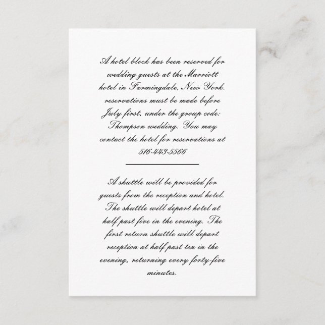 Black and White Script Wedding Hotel Enclosure Card (Front)