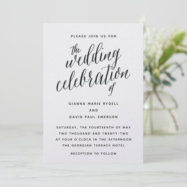 Black and White Script Wedding Invitation (Standing Front)