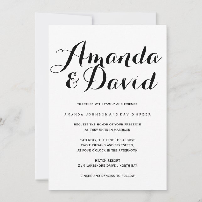 Black and White Script Wedding Invitations (Front)