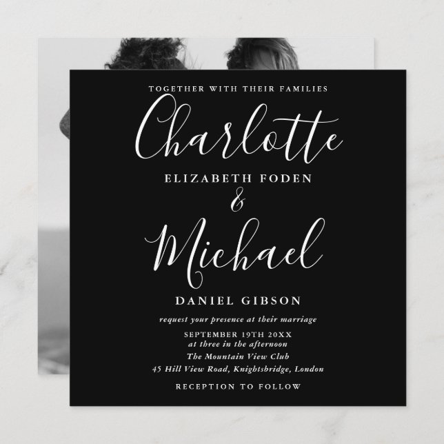 Black And White Script Wedding Monochrome Photo Invitation (Front/Back)