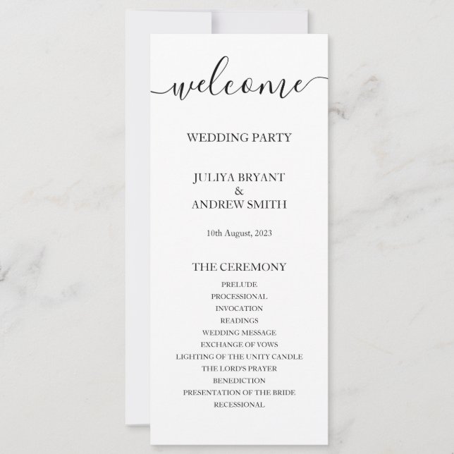 Black and white script wedding programme card (Front)