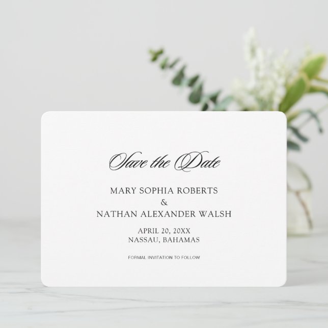 Black and White Script Wedding Save the Date Invitation (Standing Front)