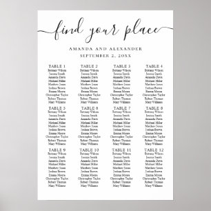 Black and white script wedding seating chart