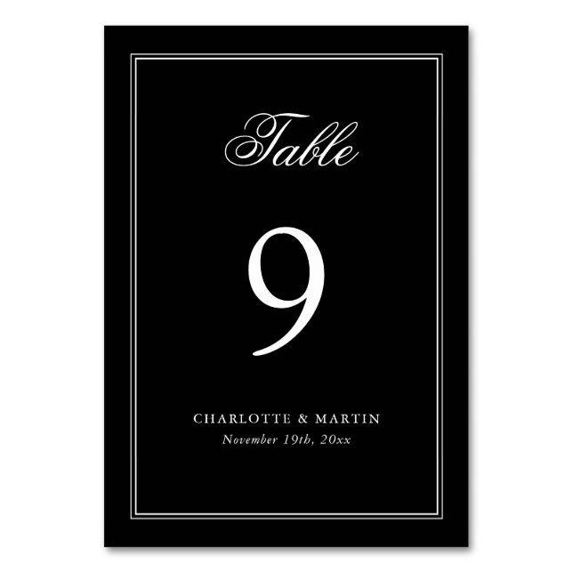 Black and White Script Wedding Table Number (Front)
