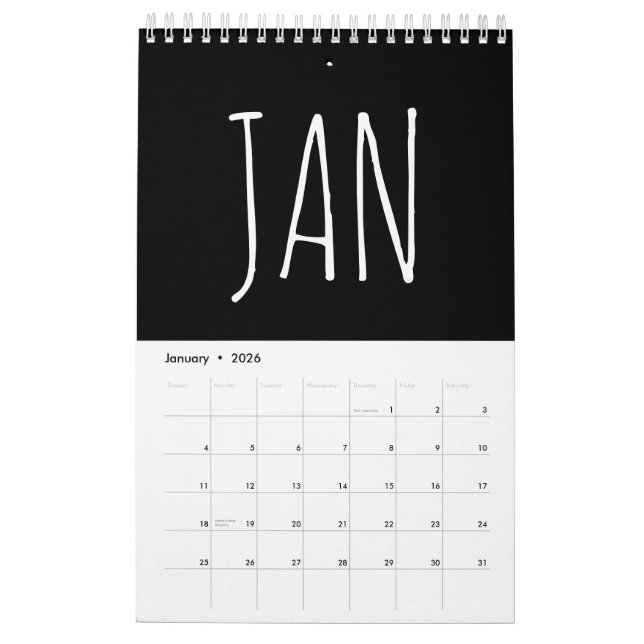 Black and White Script Writing 2026 Calendar (Jan 2026)