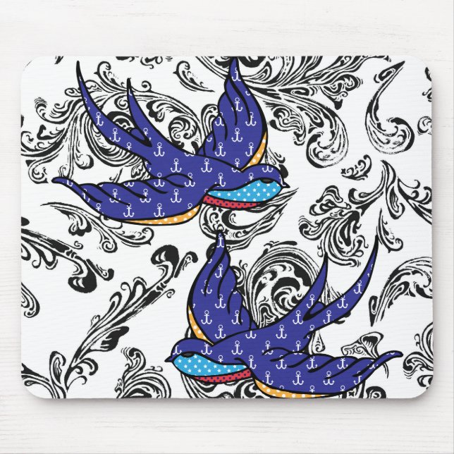 black and white scroll swallows mouse mat (Front)