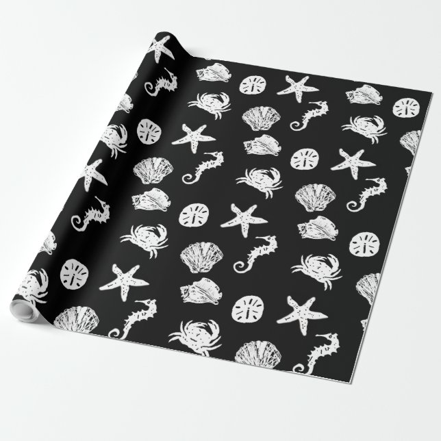 Black and White Sea Creatures Wrapping Paper (Unrolled)