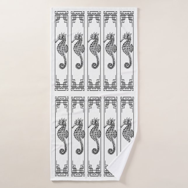 Black and White Seahorse - Graphic Illustration Bath Towel (Bath Towel)