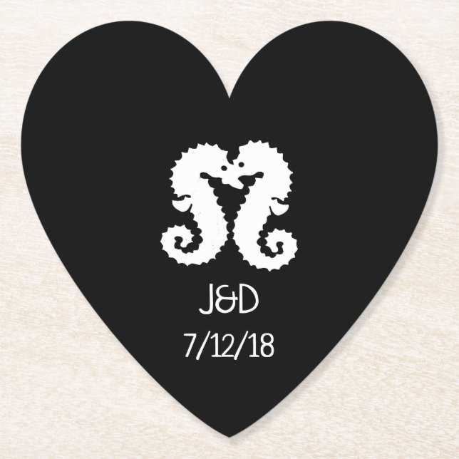Black and White Seahorse Wedding Heart Coaster (Front)