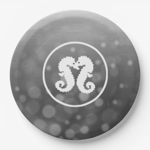 Black and White Seahorses Kissing Paper Plates