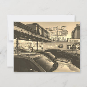 Black and White Seattle Pike Market with Cars Postcard
