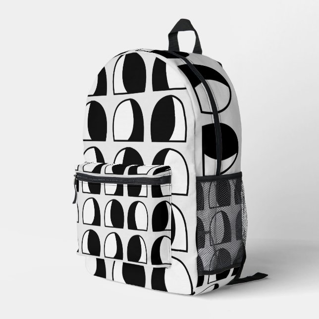 Black and White Semicircle Geometric Pattern Printed Backpack (Back Corner Right)