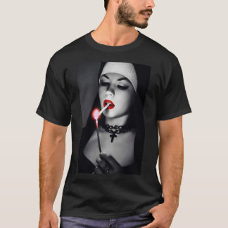 Black And White Sexy Nun Smoking Cigarette   T-Shirt