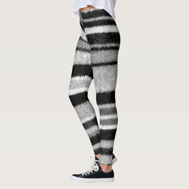 black and white shabby chic knitted bold stripes leggings (Left)