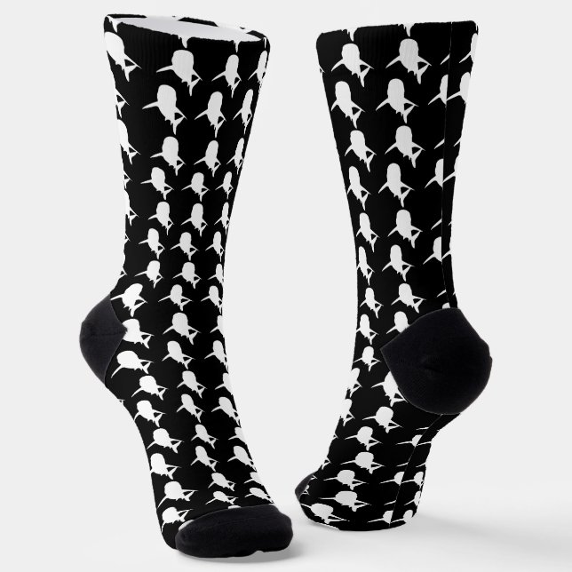 Black and white Shadow fish shark whale pattern Socks (Angled)