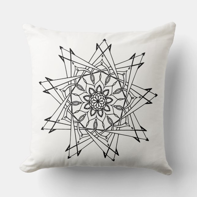 Black and White Sharp Unique Mandala Throw Pillow (Front)