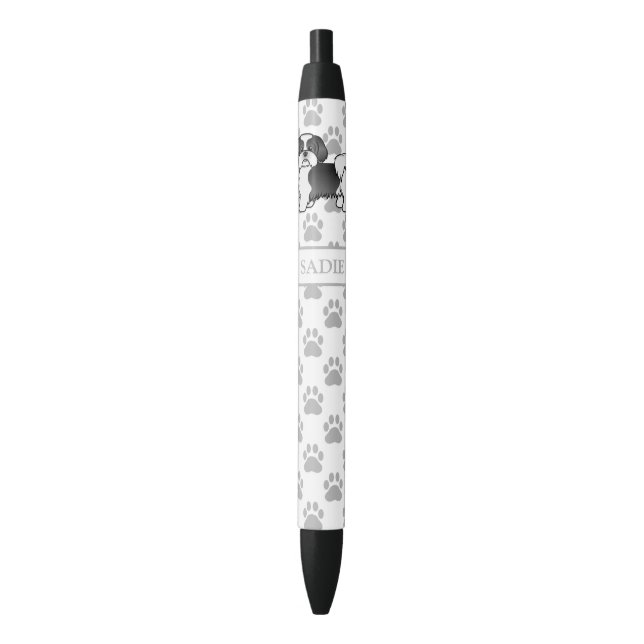 Black And White Shih Tzu Cartoon Dog & Name Black Ink Pen (Front Vertical)