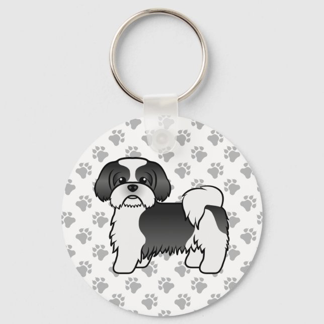 Black And White Shih Tzu Cute Cartoon Dog Key Ring (Front)