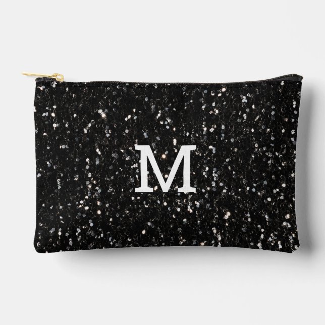 Black and white shiny glitter sparkles Monogram Accessory Pouch (Front)
