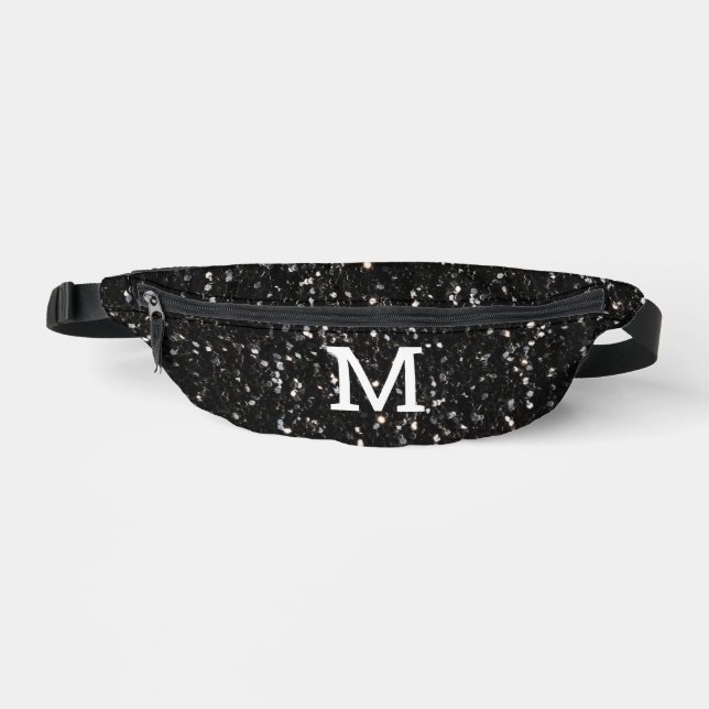 Black and white shiny glitter sparkles Monogram Bum Bags (Front)