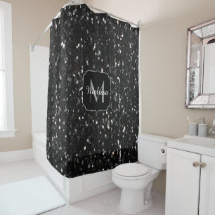 Black and white shiny glitter sparkles Monogram Shower Curtain