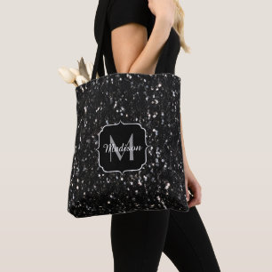 Black and white shiny glitter sparkles Monogram Tote Bag