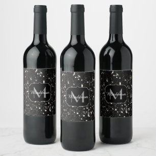 Black and white shiny glitter sparkles Monogram Wine Label