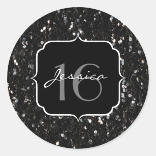 Black and white shiny glitter sparkles Sweet 16 Classic Round Sticker