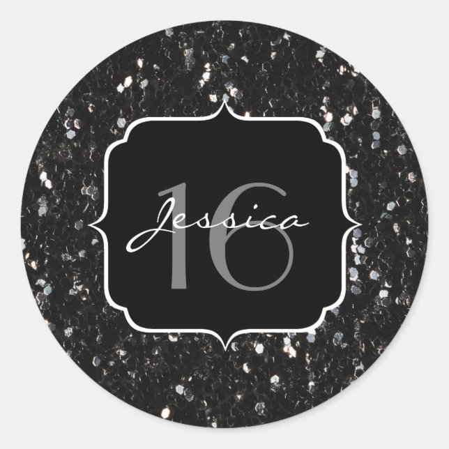 Black and white shiny glitter sparkles Sweet 16 Classic Round Sticker (Front)