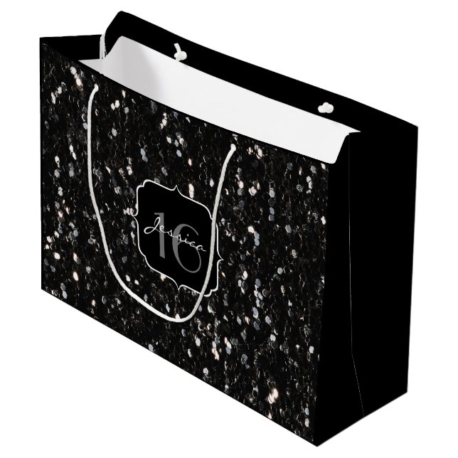 Black and white shiny glitter sparkles Sweet 16 Large Gift Bag (Front Angled)