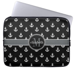 Black and White Ships Anchors Monogram Laptop Sleeve