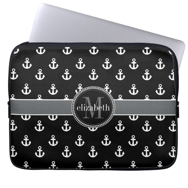 Black and White Ships Anchors Monogram Laptop Sleeve (Front)