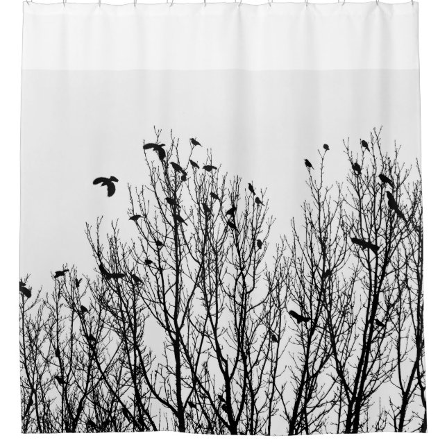 Black and White Shower Curtain, Bird, Trees Photo Shower Curtain (Front)