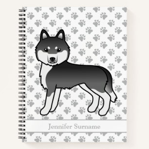 Black And White Siberian Husky Cartoon Dog & Text Notebook