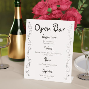 Black and White Signature Drinks Doodle Wedding Pedestal Sign
