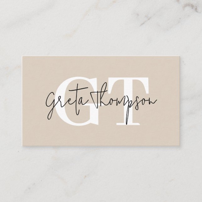 Black and White Signature Name Monogram Beige Business Card (Front)