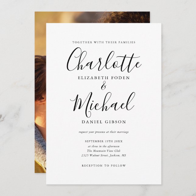 Black And White Signature Script Photo Wedding Invitation (Front/Back)