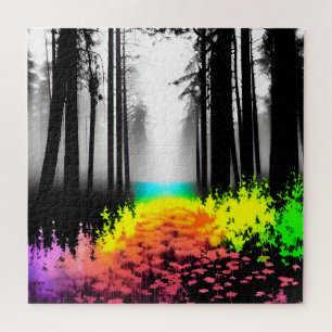 Black and White Silhouette Forest and Color Splash Jigsaw Puzzle