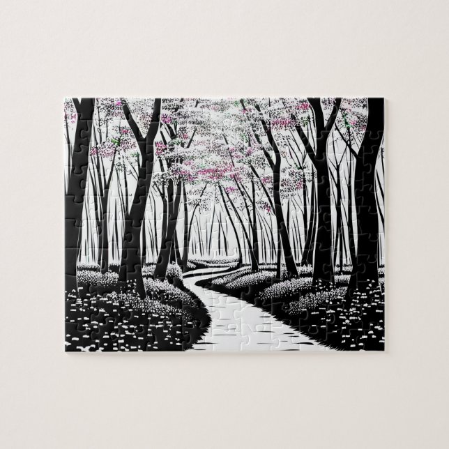 Black and White Silhouette Forest of Purple Leaves Jigsaw Puzzle (Horizontal)