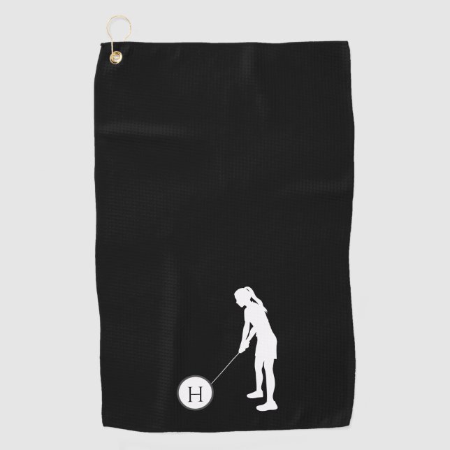 Black and White silhouette girl golfer ladies Golf Golf Towel (Front)