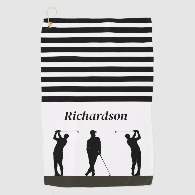 Black and White Silhouette Golfer Golf Towel (Front)