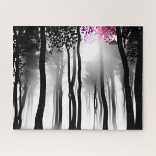 Black and White Silhouette Trees and Purple Splash Jigsaw Puzzle